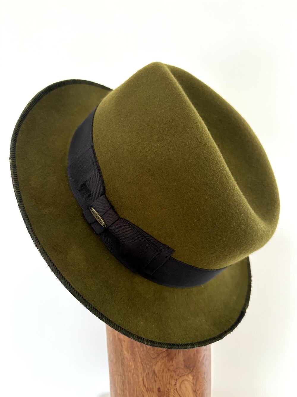 Adora Olive Green Wool Felt Fedora Hat with Black Grosgrain Ribbon Band